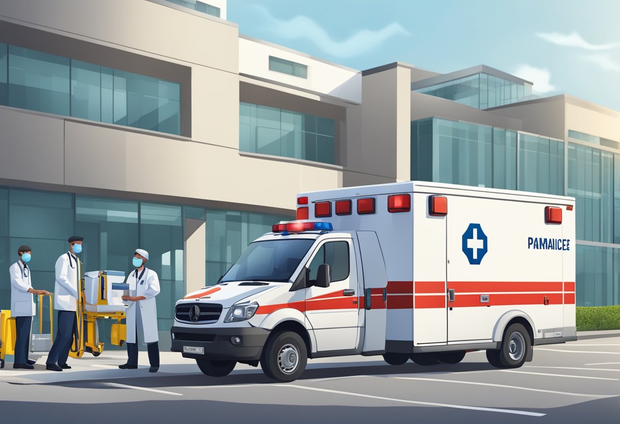 Uma ambulância particular estacionada do lado de fora de um hospital, com paramédicos carregando equipamentos médicos no veículo.
