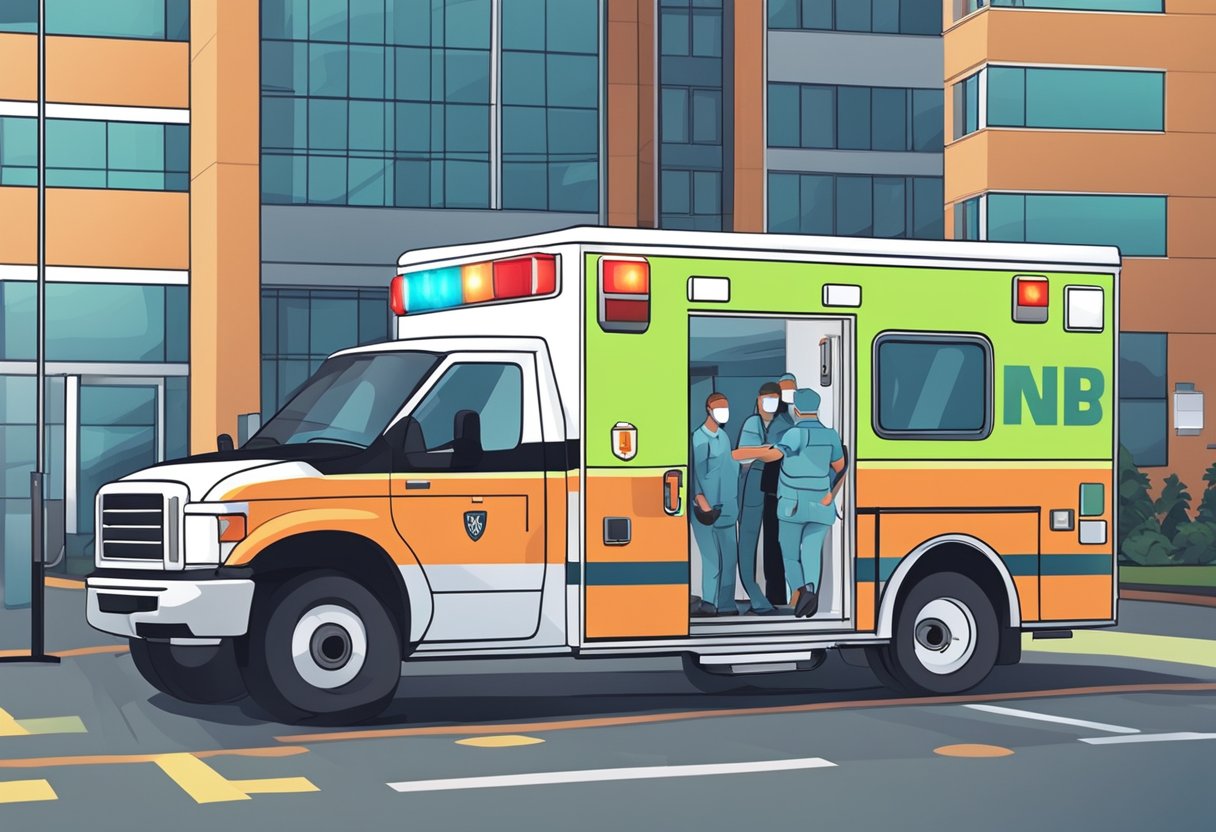 Uma ambulância estacionada do lado de fora de um hospital, com suas luzes piscando e os paramédicos atendendo a um paciente em uma maca.