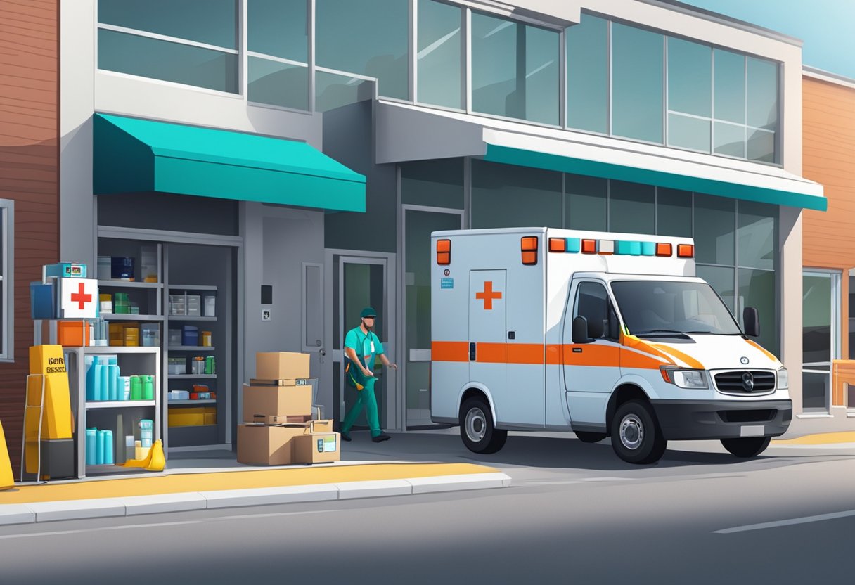 Uma ambulância estacionou do lado de fora de uma loja de suprimentos médicos, com equipamentos adicionais sendo carregados no veículo por um paramédico.