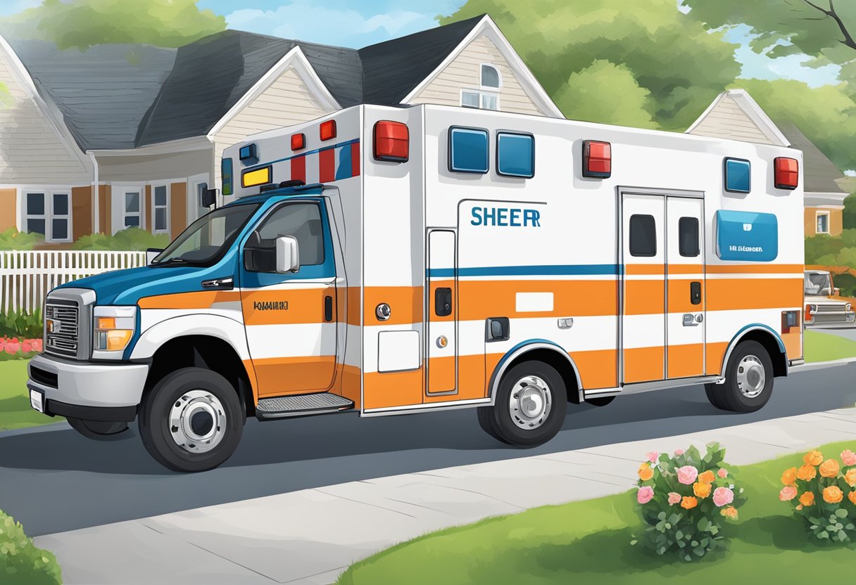 Uma ambulância estacionada em frente a uma residência, com paramédicos fornecendo cobertura de eventos e serviços de cuidados domiciliares.