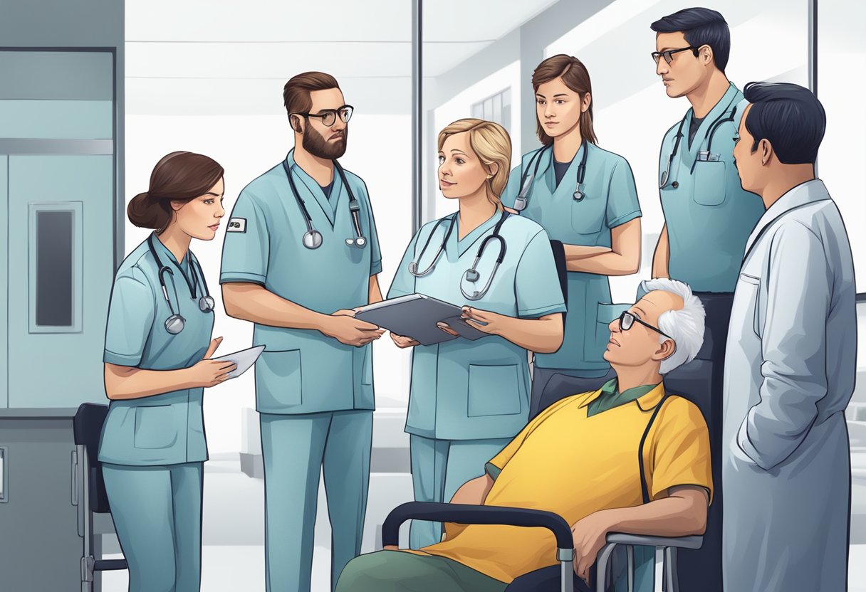 Um grupo de profissionais discutindo o preço de uma ambulância em um hospital ou ambiente médico