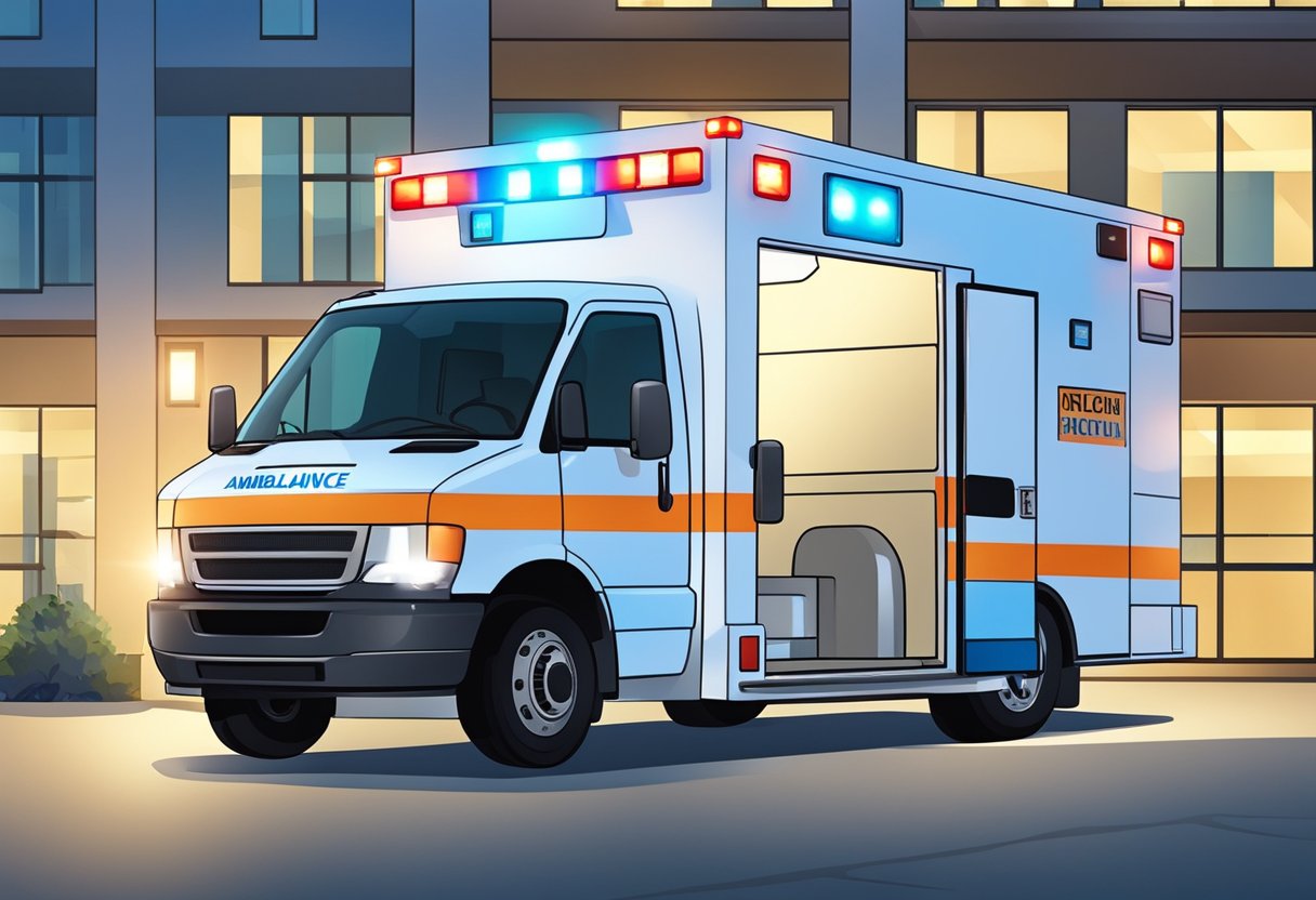 Uma ambulância moderna estacionada do lado de fora de um hospital, com suas luzes piscando e as portas traseiras abertas, pronta para receber pacientes.