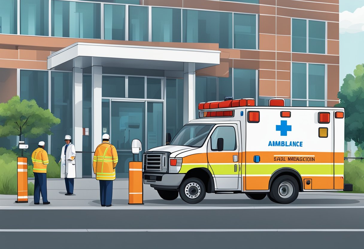 Uma ambulância estacionada do lado de fora de um hospital, com paramédicos carregando equipamentos médicos.