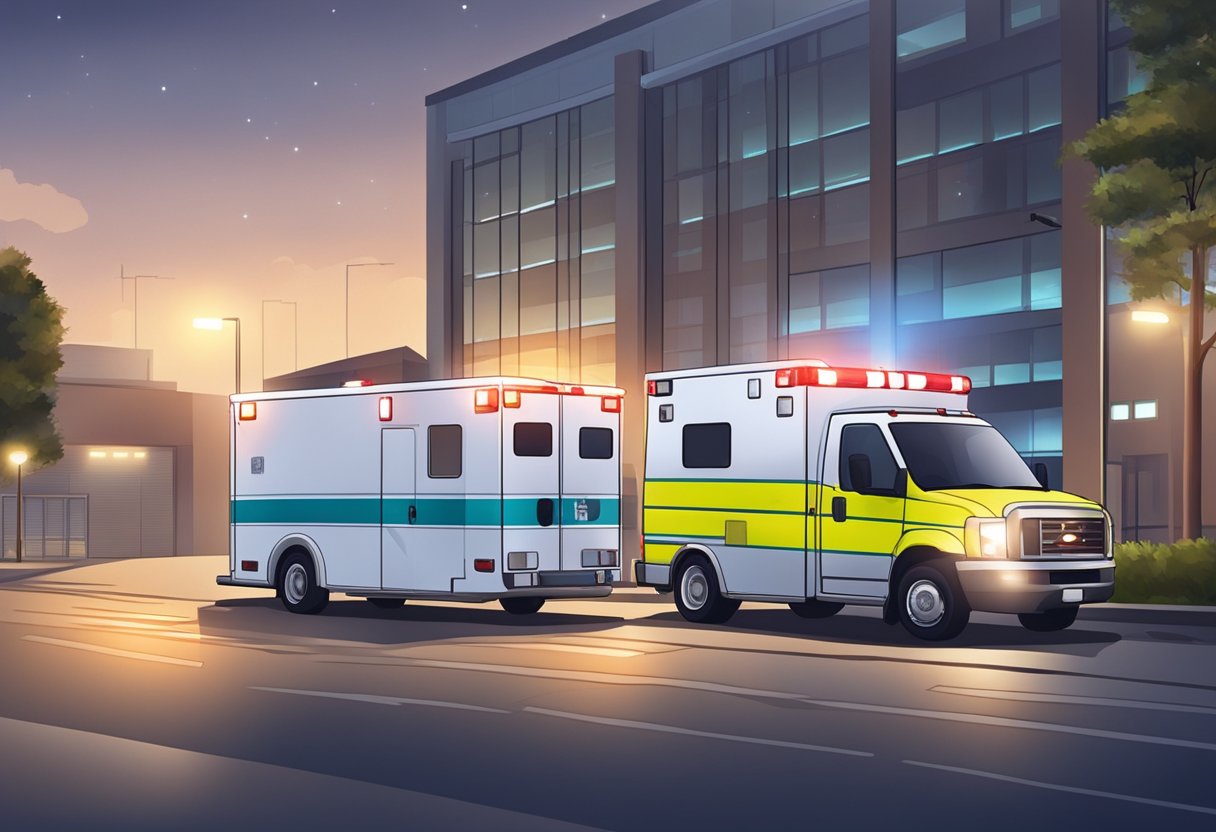 Uma ambulância estacionada do lado de fora de um hospital, com suas luzes piscando e um paramédico em pé nas proximidades, pronto para o atendimento de emergência.