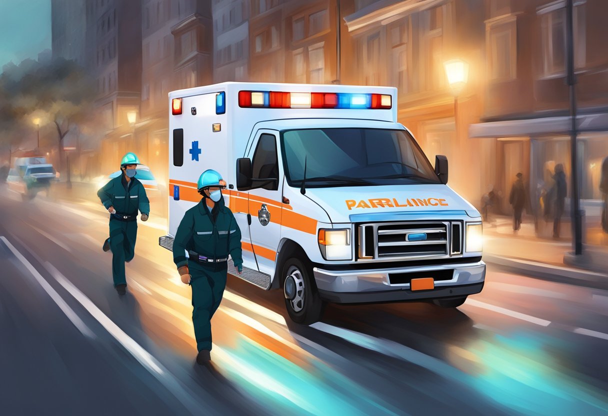 Uma ambulância com luzes piscando e um paramédico correndo para ajudar