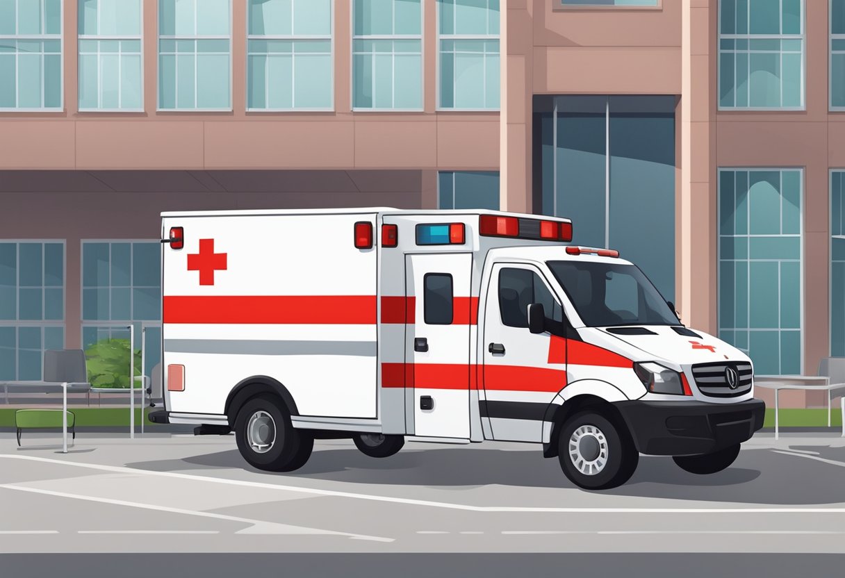 Uma ambulância com uma cruz vermelha do lado, estacionada em frente a um hospital, com um paramédico carregando equipamentos médicos.