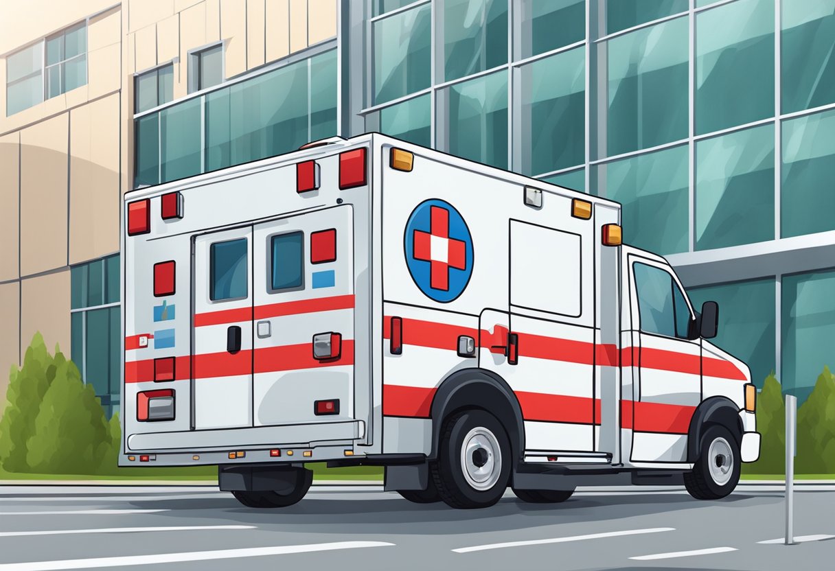 Uma ambulância com equipamentos médicos especializados estacionada do lado de fora de um hospital