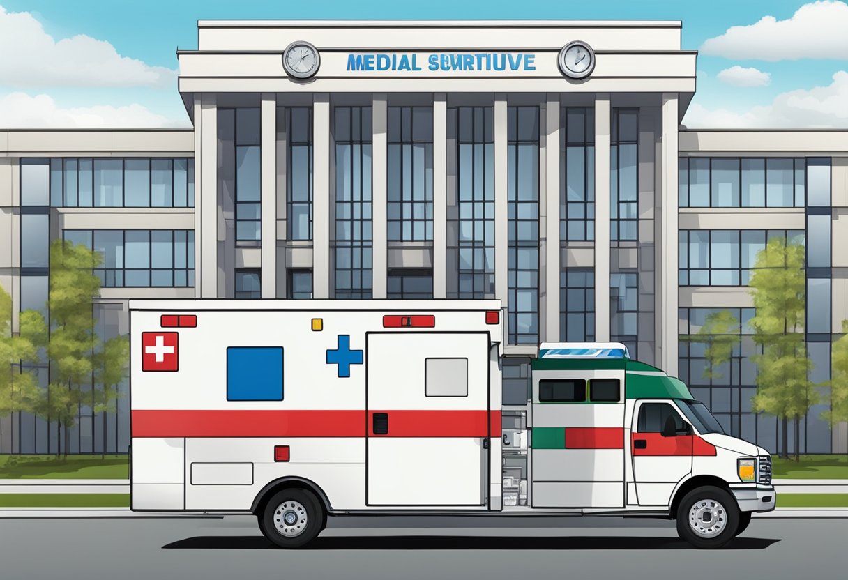 Uma ambulância estacionada do lado de fora de um prédio administrativo, com equipamentos médicos sendo carregados pela equipe.