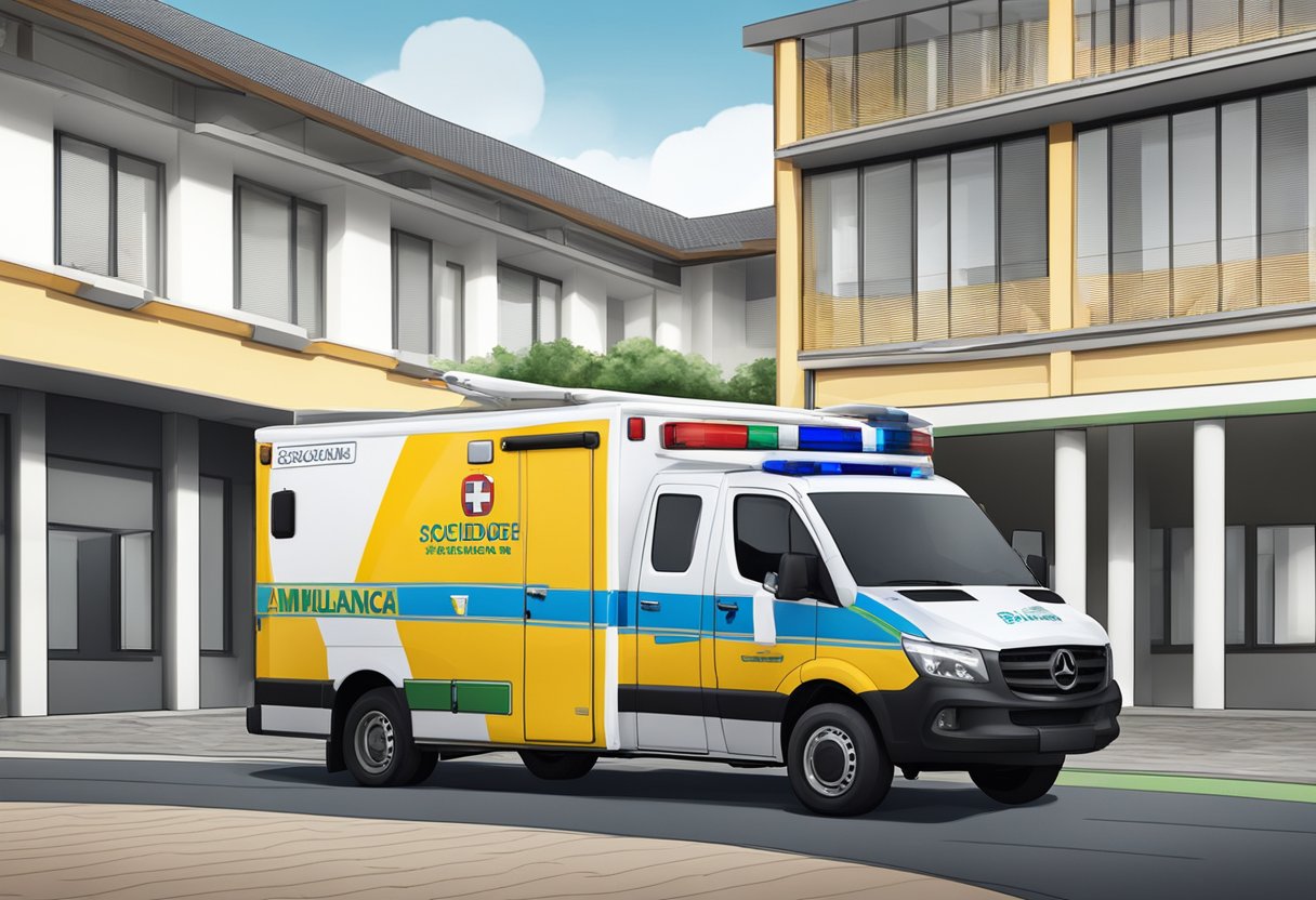 Uma ambulância estacionada do lado de fora de um prédio com o logo "Sociedade serviços de ambulância" exibido na lateral.