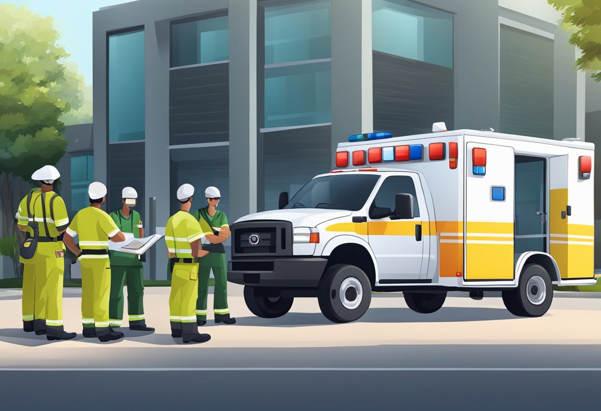 Uma ambulância estacionada do lado de fora de um centro de treinamento, com paramédicos e instrutores conduzindo sessões educativas e praticando procedimentos médicos.