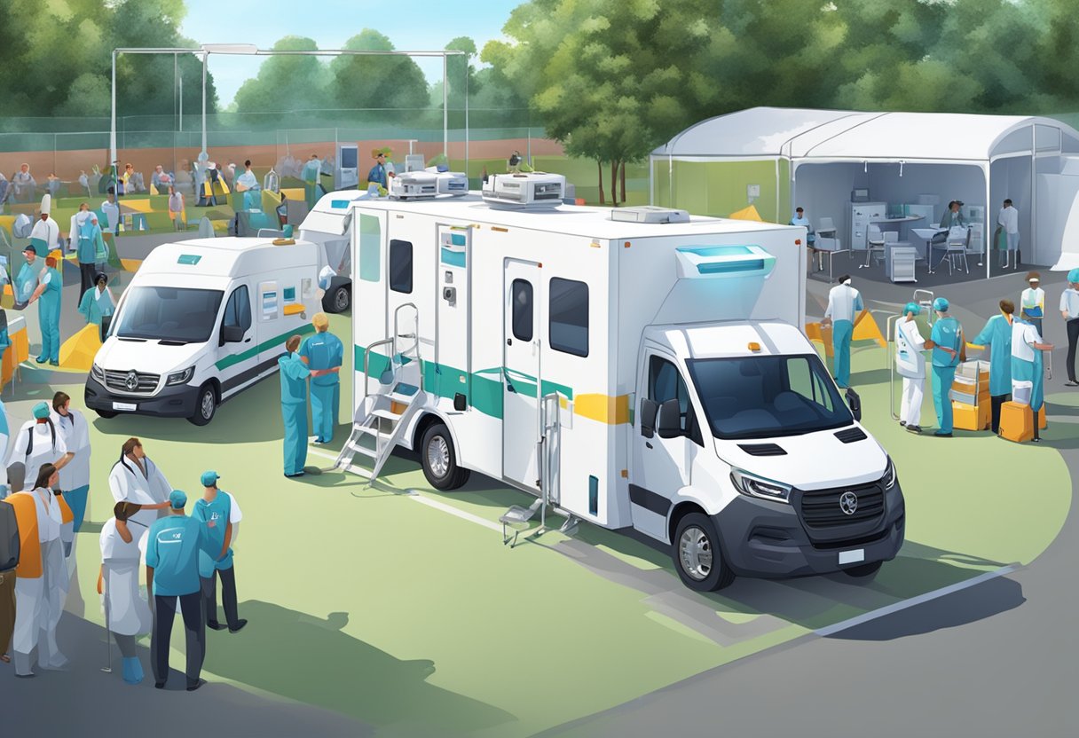 UTI Móvel para Eventos: Serviço Essencial para Segurança e Prontidão 1 Uma UTI móvel estacionada em um grande evento ao ar livre, com equipe médica e equipamentos prontos para emergências.