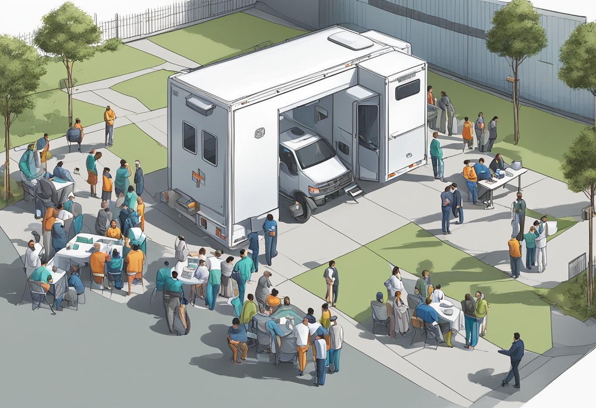 UTI Móvel para Eventos: Serviço Essencial para Segurança e Prontidão 4 Uma unidade médica móvel estacionada em um grande evento, com equipe fornecendo atendimento médico e participantes buscando assistência.