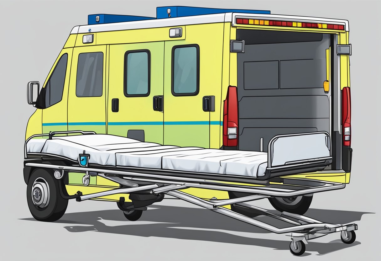 Uma ambulância especializada equipada com um elevador hidráulico e maca para o transporte de um paciente acamado