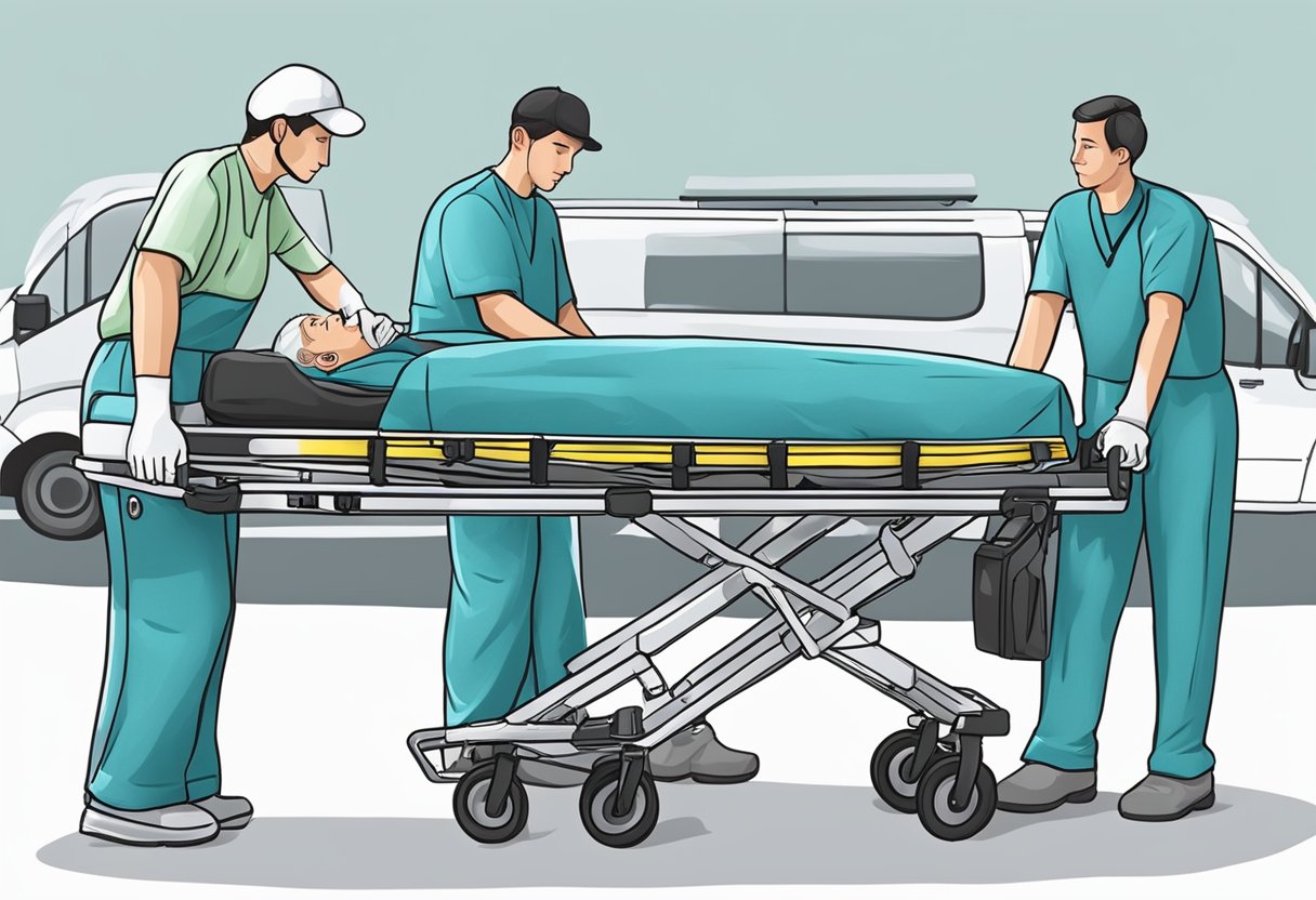 Um cuidador cuidadosamente coloca um paciente em uma maca de transporte médico, ajustando cintas e equipamentos antes de movê-lo para um veículo à espera.