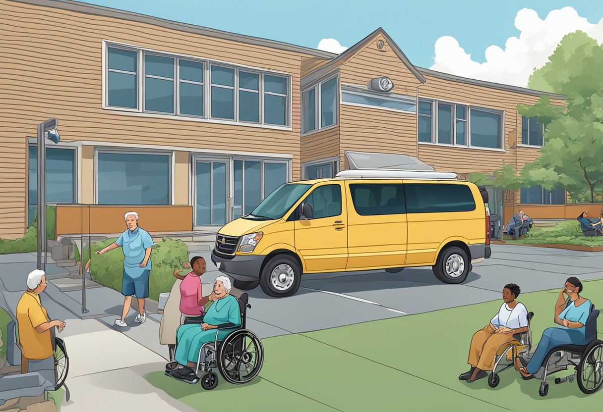 Um centro comunitário com uma van acessível para cadeirantes estacionada do lado de fora, enquanto um membro da família ajuda um paciente acamado a entrar no veículo.
