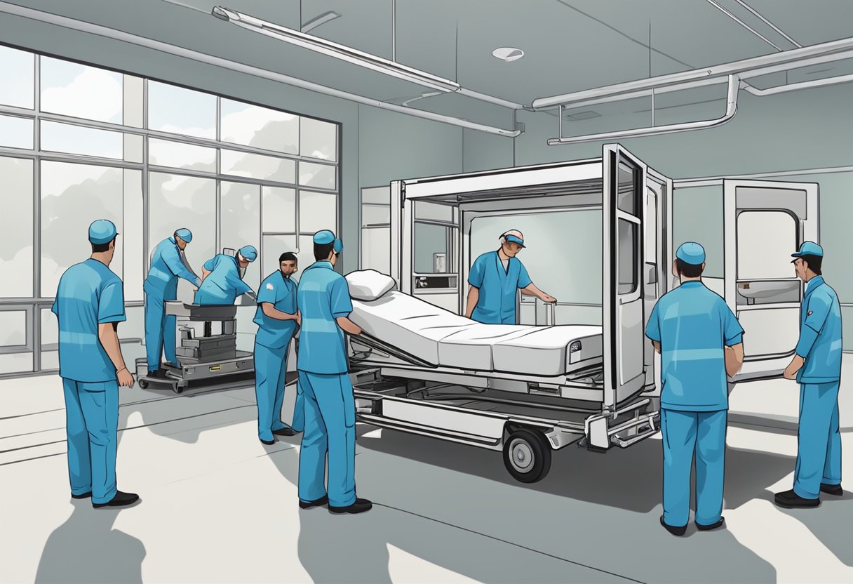 Empresa de Remoção Hospitalar: Soluções Práticas para Instituições de Saúde 1 Uma cama de hospital sendo carregada em um veículo especializado por trabalhadores uniformizados.