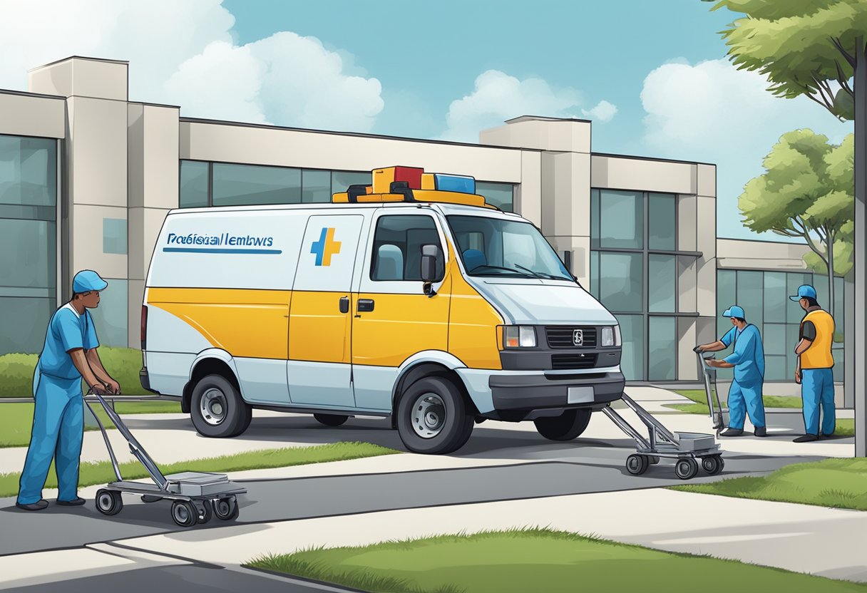Empresa de Remoção Hospitalar: Soluções Práticas para Instituições de Saúde 2 Uma van de uma empresa de remoção de hospitais estacionada do lado de fora de uma instalação médica, com trabalhadores carregando equipamentos médicos no veículo.
