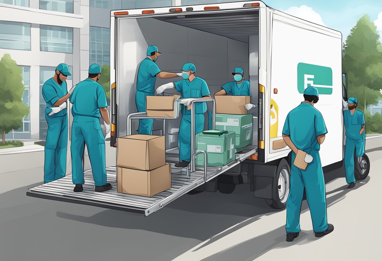 Empresa de Remoção Hospitalar: Soluções Práticas para Instituições de Saúde 3 Uma equipe de trabalhadores uniformizados carregando equipamentos médicos em um caminhão em um hospital para remoção
