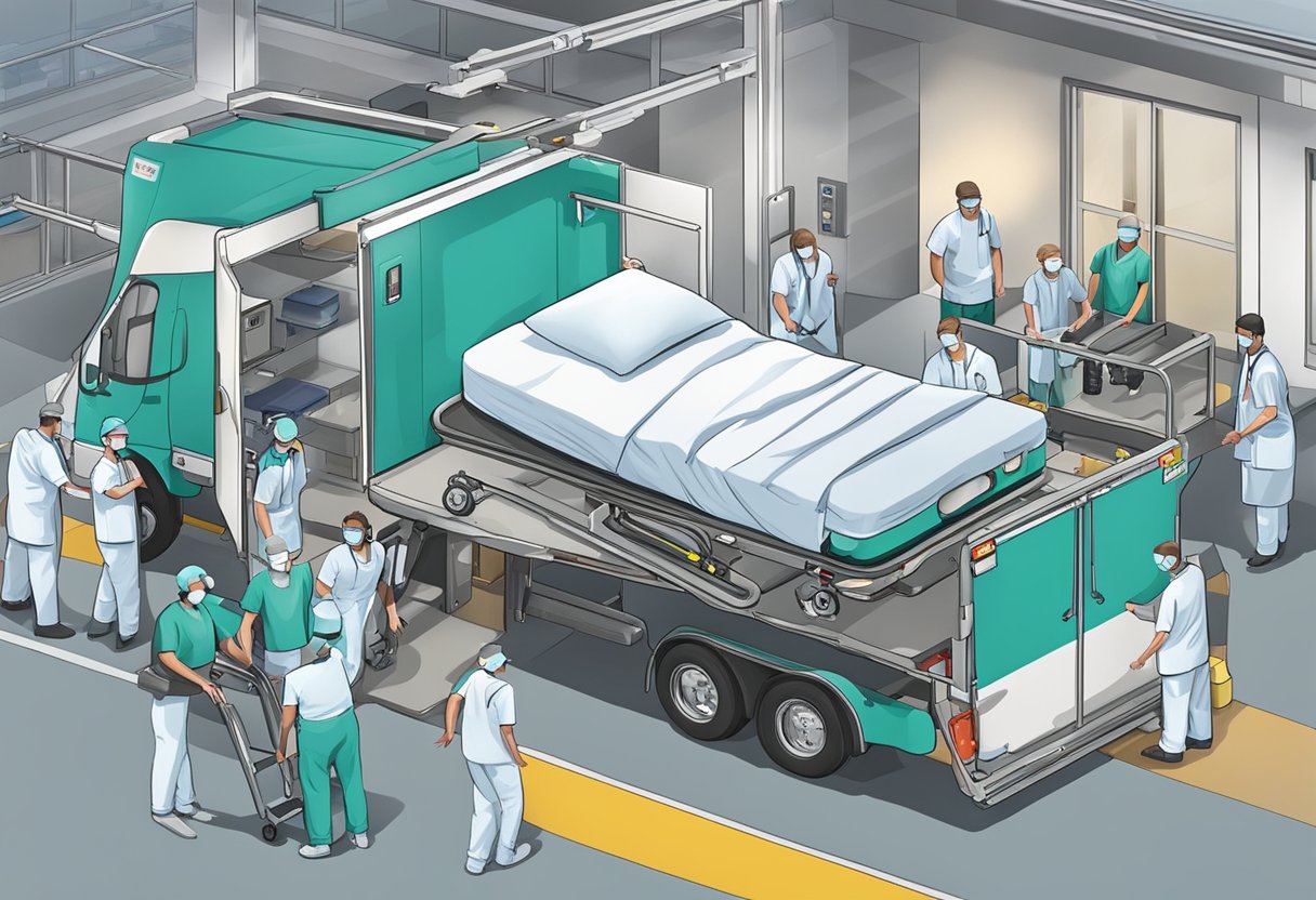 Empresa de Remoção Hospitalar: Soluções Práticas para Instituições de Saúde 6 Uma cama de hospital sendo cuidadosamente carregada em um veículo de remoção especializado, cercada por equipamentos médicos e pessoal.
