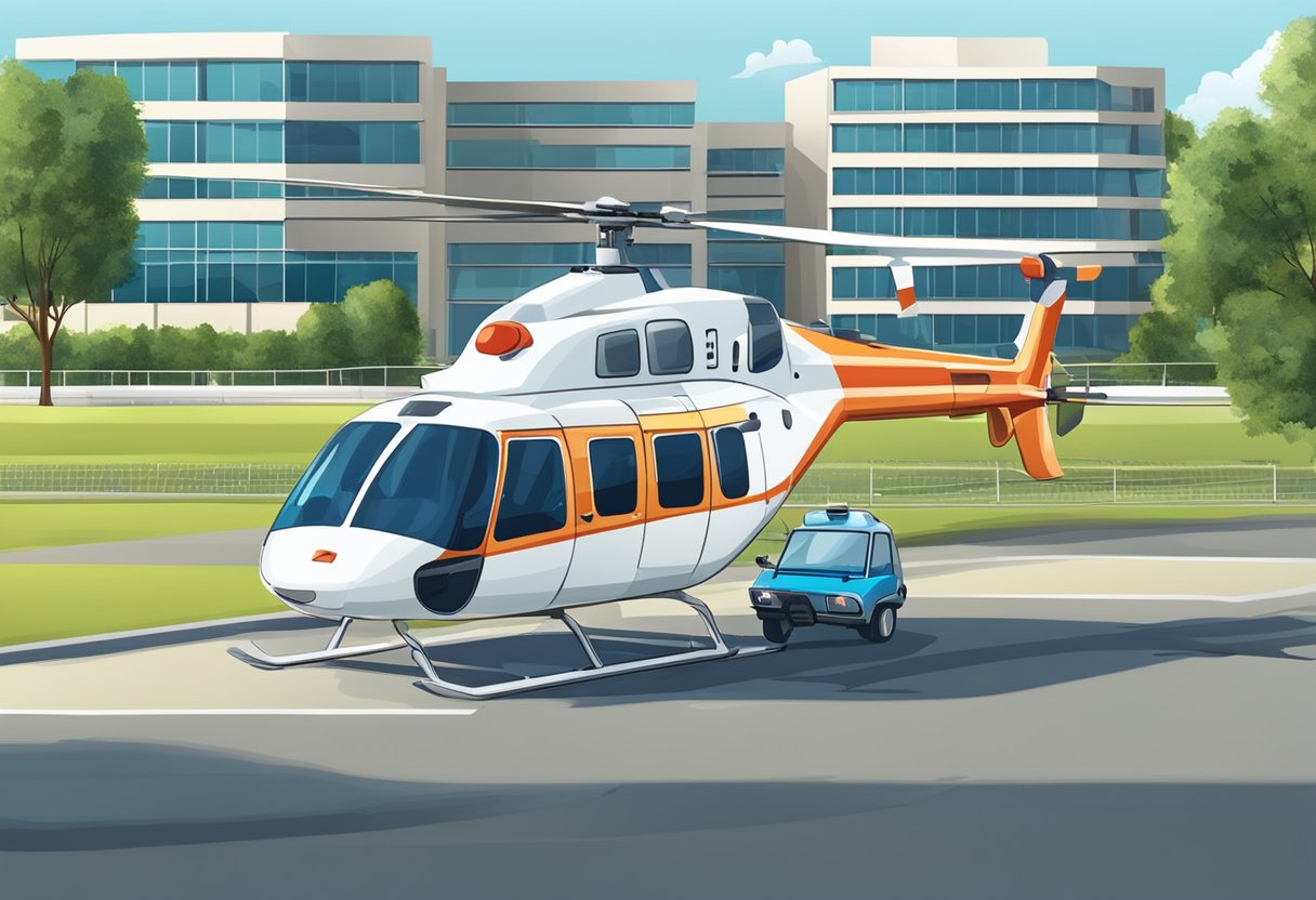 Um helicóptero médico pousando em um heliponto de hospital, com uma ambulância esperando nas proximidades para o transporte de pacientes.
