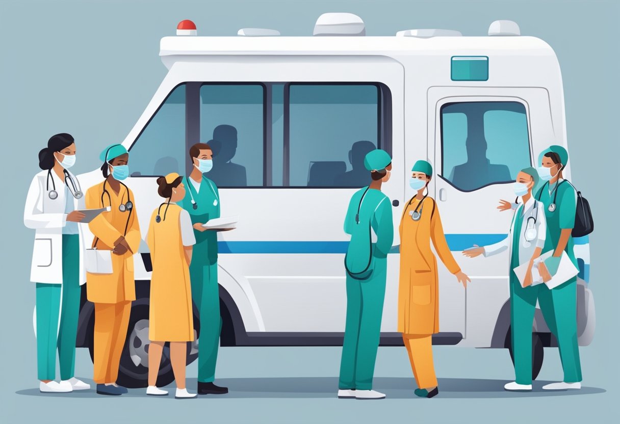 Uma equipe de profissionais de saúde e especialistas em comunicação coordenando o transporte de pacientes para o hospital