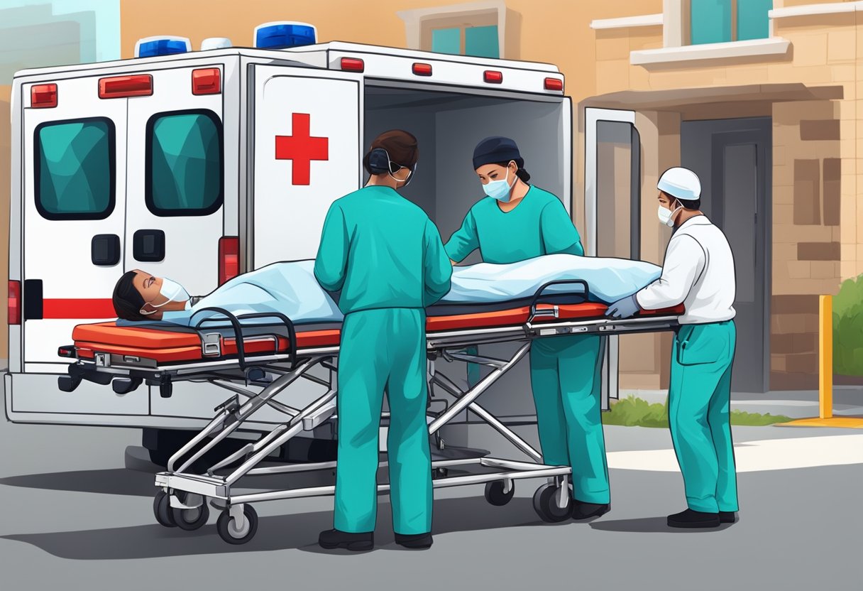 Uma equipe médica carrega cuidadosamente um paciente em uma maca de ambulância, enquanto outro membro da equipe verifica o equipamento médico.