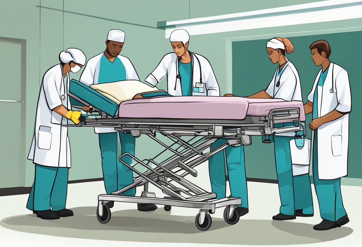 Uma equipe médica transfere cuidadosamente um paciente de uma cama hospitalar para uma maca para transporte.