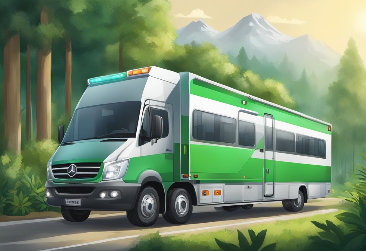 Um veículo de transporte hospitalar cercado por vegetação exuberante e equipado com equipamentos médicos internos