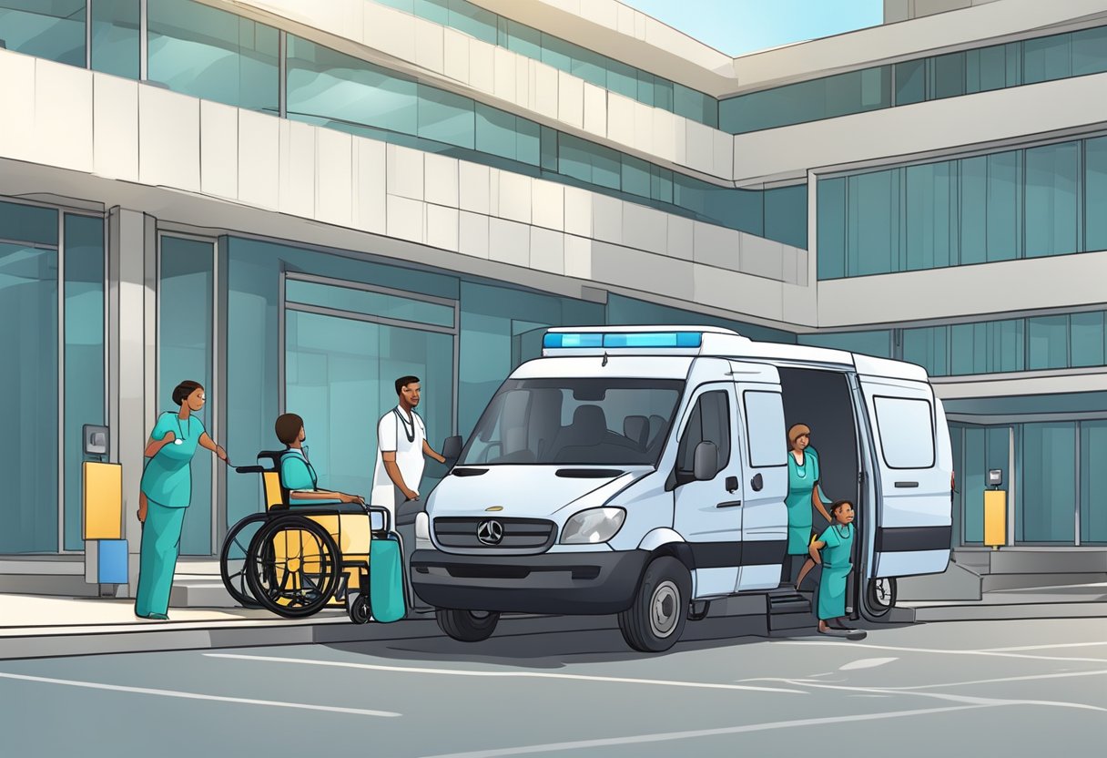 Transporte de Pacientes para Consultas: Soluções Eficientes e Confiáveis 1 Uma van de transporte médico estacionada do lado de fora de um hospital, com uma rampa estendida para uma cadeira de rodas. Uma enfermeira ajuda um paciente a entrar no veículo.