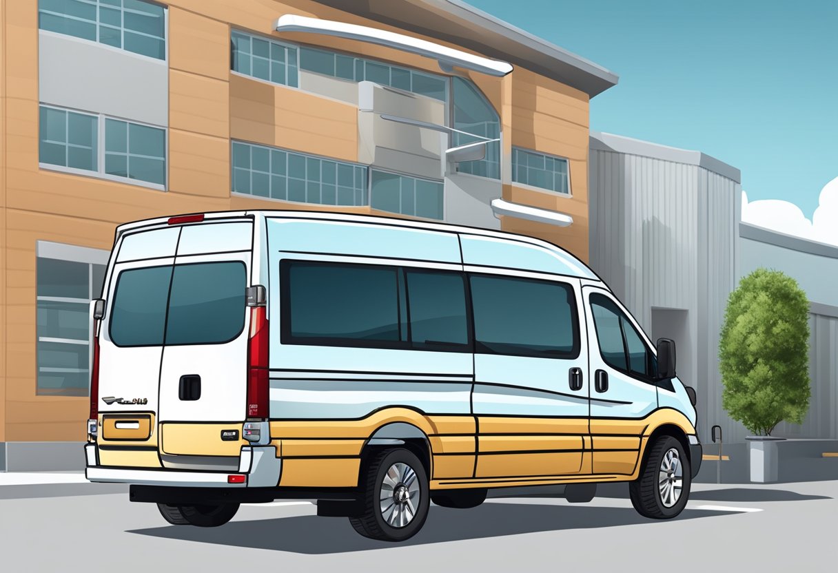 Transporte de Pacientes para Consultas: Soluções Eficientes e Confiáveis 2 Uma van acessível para cadeirantes com um elevador hidráulico e equipamentos médicos estacionada do lado de fora de uma clínica