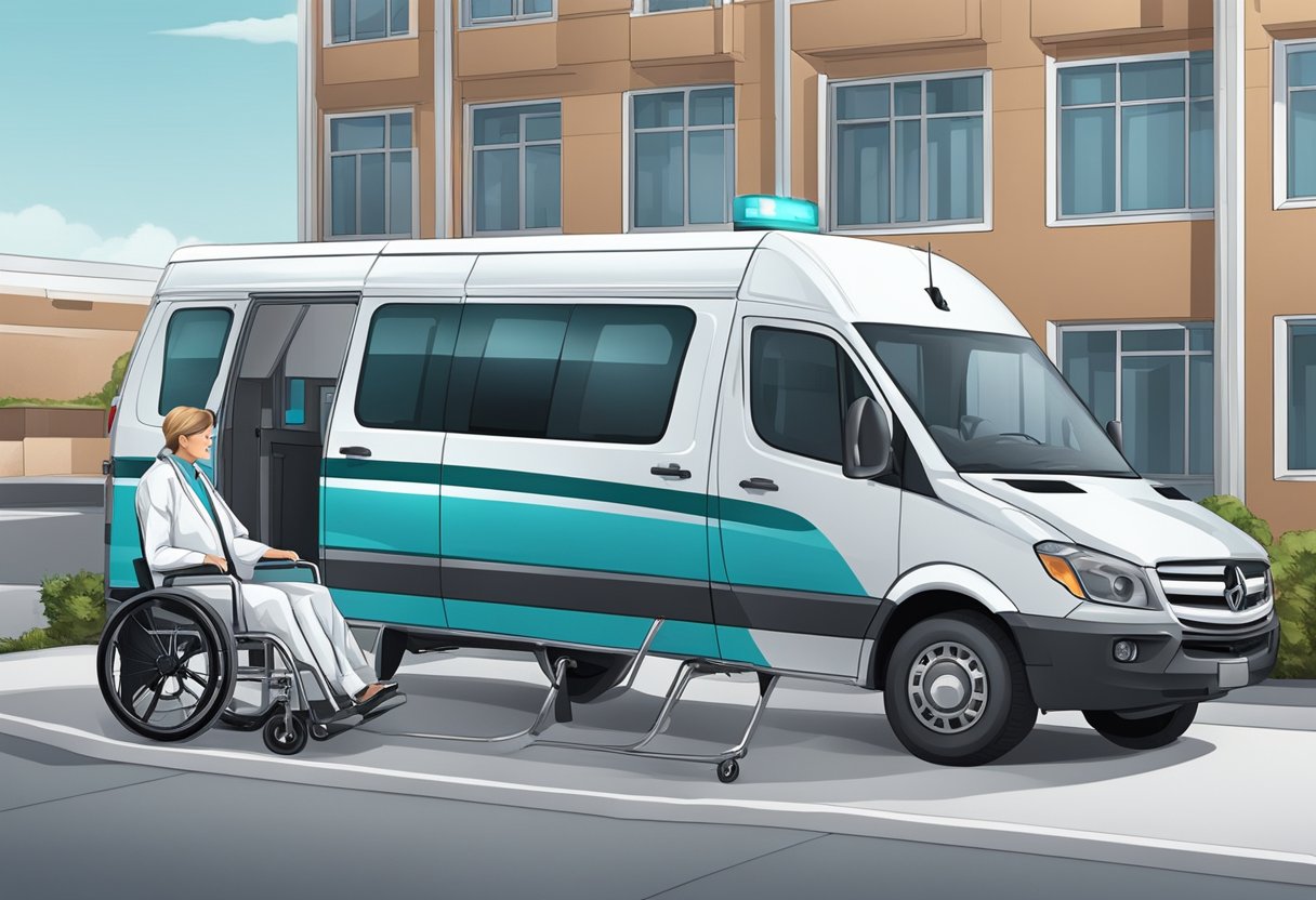 Transporte de Pacientes para Consultas: Soluções Eficientes e Confiáveis 4 Uma van de transporte médico estacionada do lado de fora de uma clínica, com uma rampa para cadeira de rodas estendida e um profissional de saúde ajudando um paciente dentro.