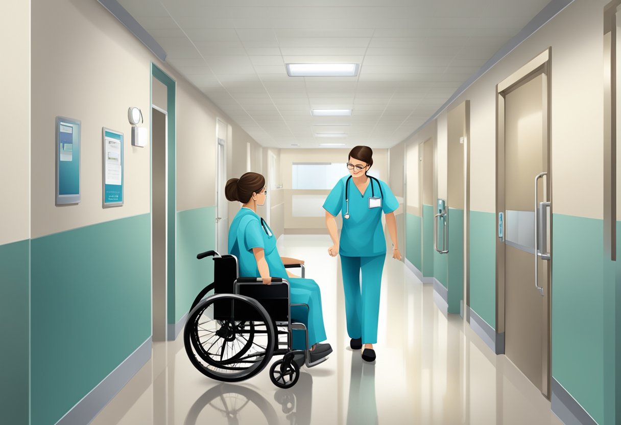 Transporte de Pacientes para Consultas: Soluções Eficientes e Confiáveis 6 Uma enfermeira empurra cuidadosamente um paciente em uma cadeira de rodas por um corredor do hospital em direção às salas de consulta, garantindo sua segurança e conforto.