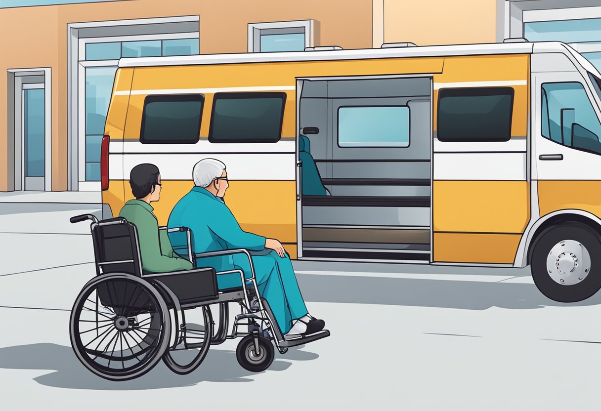 Transporte de Pacientes para Consultas: Soluções Eficientes e Confiáveis 7 Um consultório médico com um paciente sendo transportado em uma cadeira de rodas para um veículo de transporte médico aguardando do lado de fora.