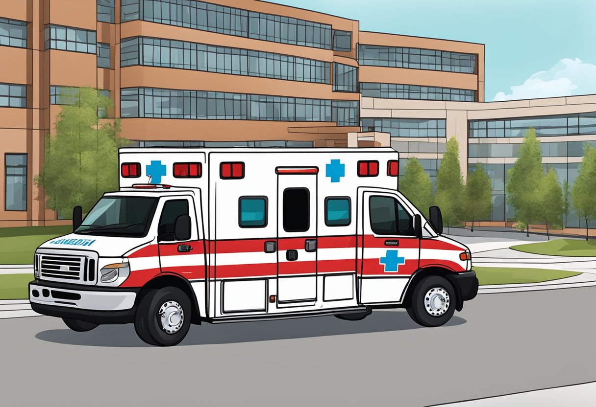 Plano de Ambulância: Importância e Benefícios para a Saúde 3 Uma ambulância estacionada do lado de fora de um hospital, com uma visão clara da sinalização regulatória e das marcações no veículo.