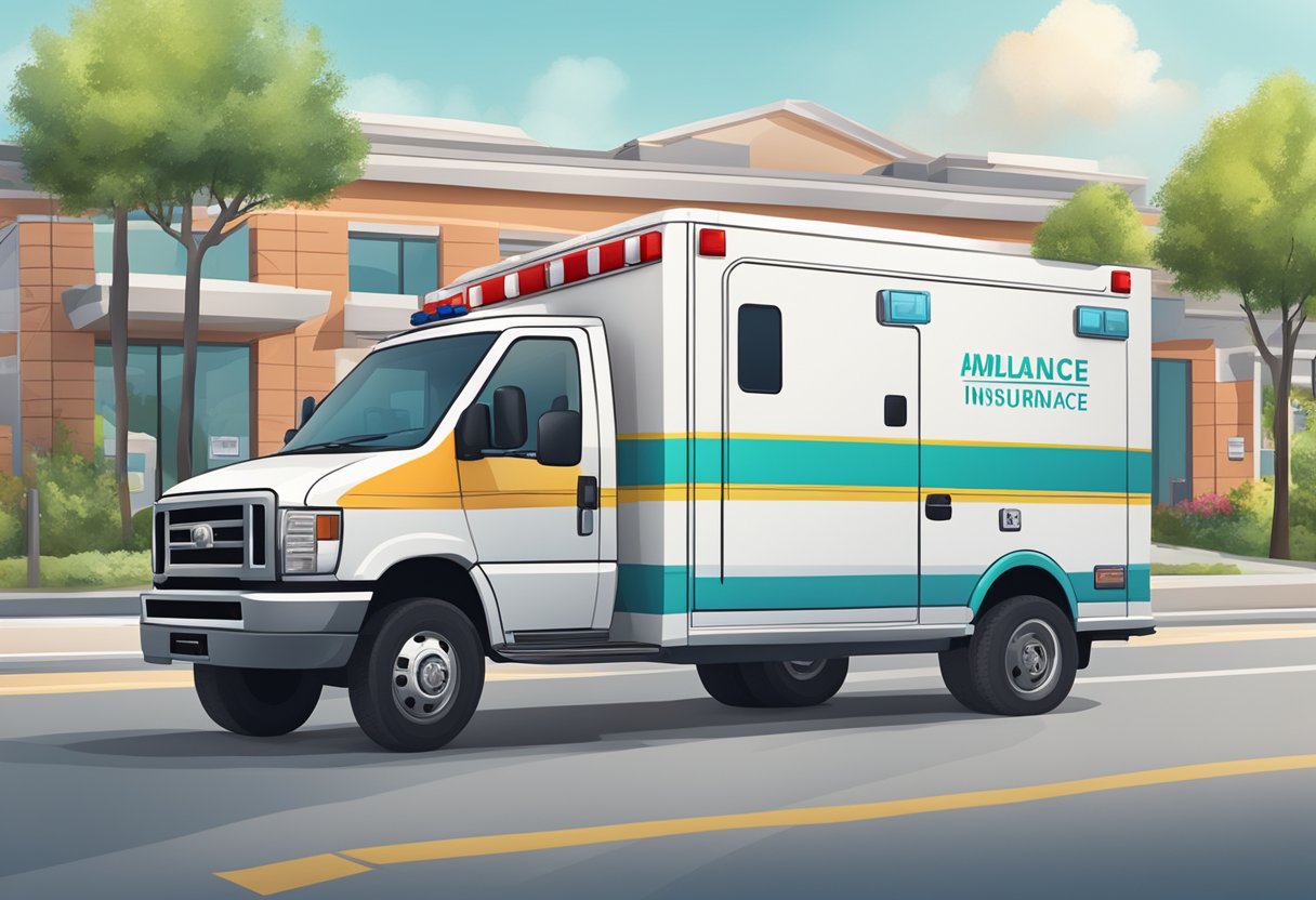 Plano de Ambulância: Importância e Benefícios para a Saúde 4 Uma ambulância brilhante e moderna estacionou ao lado de uma clínica médica, com uma placa exibindo diferentes opções de planos de saúde.