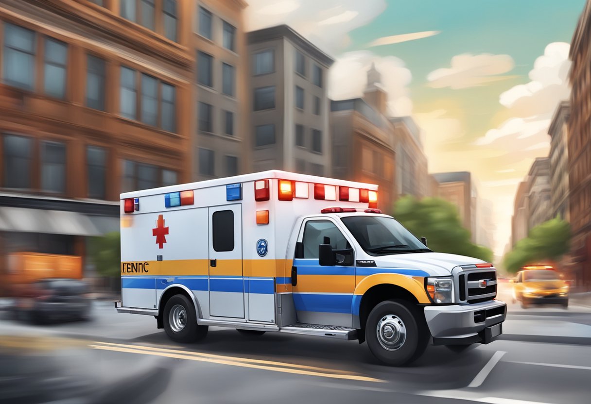 Plano de Ambulância: Importância e Benefícios para a Saúde 5 Uma ambulância acelerando pelas ruas da cidade, sirenes soando, com veículos de emergência e prédios ao fundo.