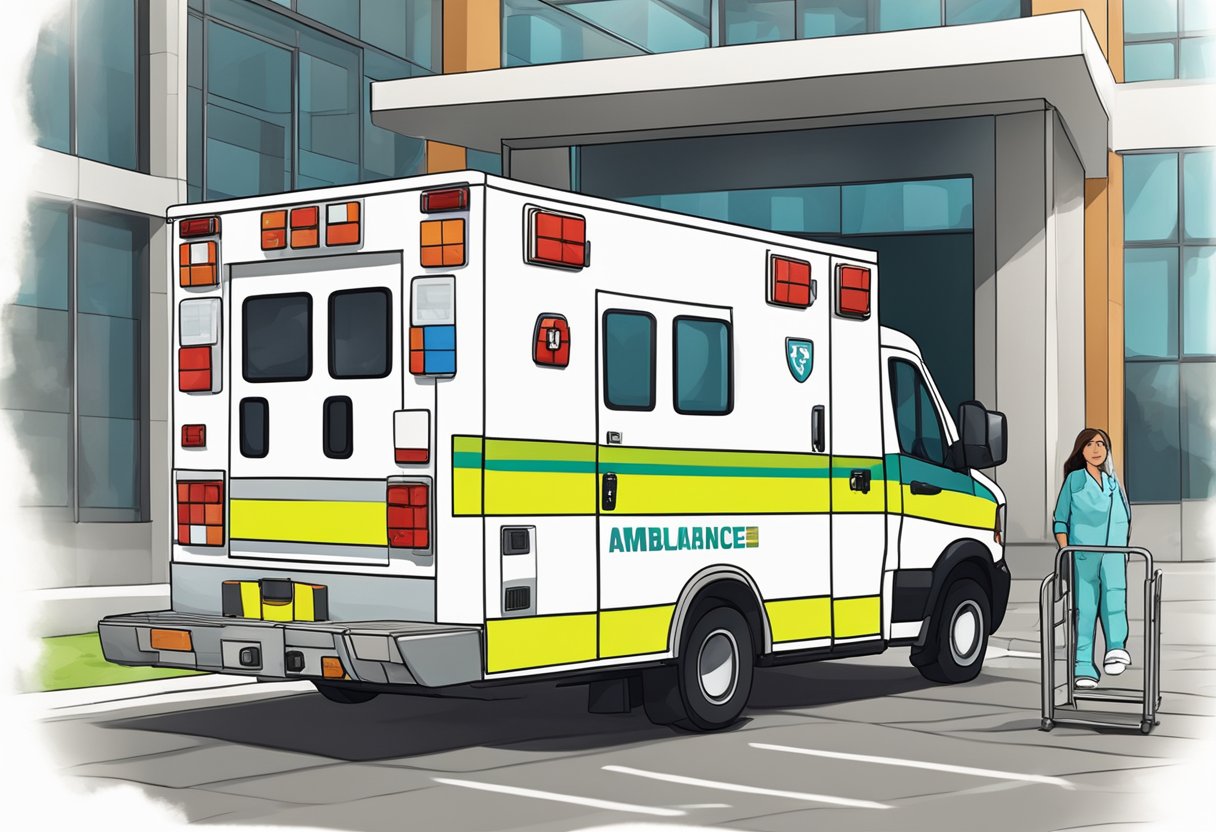 Plano de Ambulância: Importância e Benefícios para a Saúde 6 Uma ambulância médica estacionada do lado de fora de um hospital, com um paramédico ao lado das portas traseiras abertas, pronto para a ação.