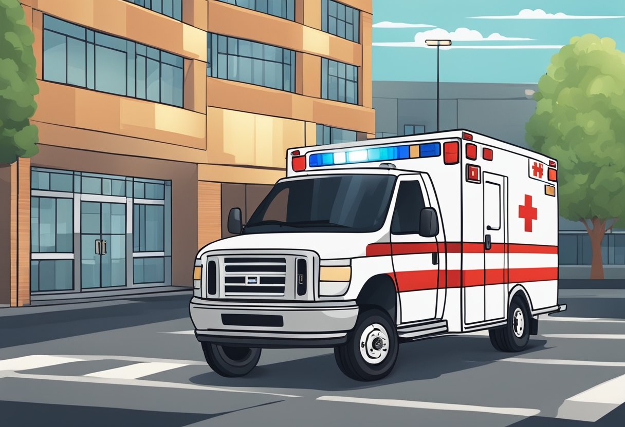 Plano de Ambulância: Importância e Benefícios para a Saúde 8 Uma ambulância com luzes de emergência piscando, estacionada do lado de fora de um hospital com equipamentos médicos e pessoal por perto.