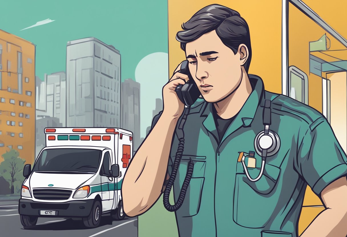 Quanto Custa Chamar uma Ambulância: Entenda os Fatores e Tarifas Envolvidas 1 Uma pessoa discando um telefone com uma expressão preocupada, enquanto uma ambulância passa apressada ao fundo.