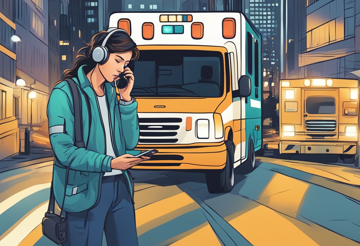 Quanto Custa Chamar uma Ambulância: Entenda os Fatores e Tarifas Envolvidas 2 Uma pessoa discando um telefone com uma expressão preocupada, enquanto uma ambulância passa rapidamente por uma rua da cidade com as luzes piscando.