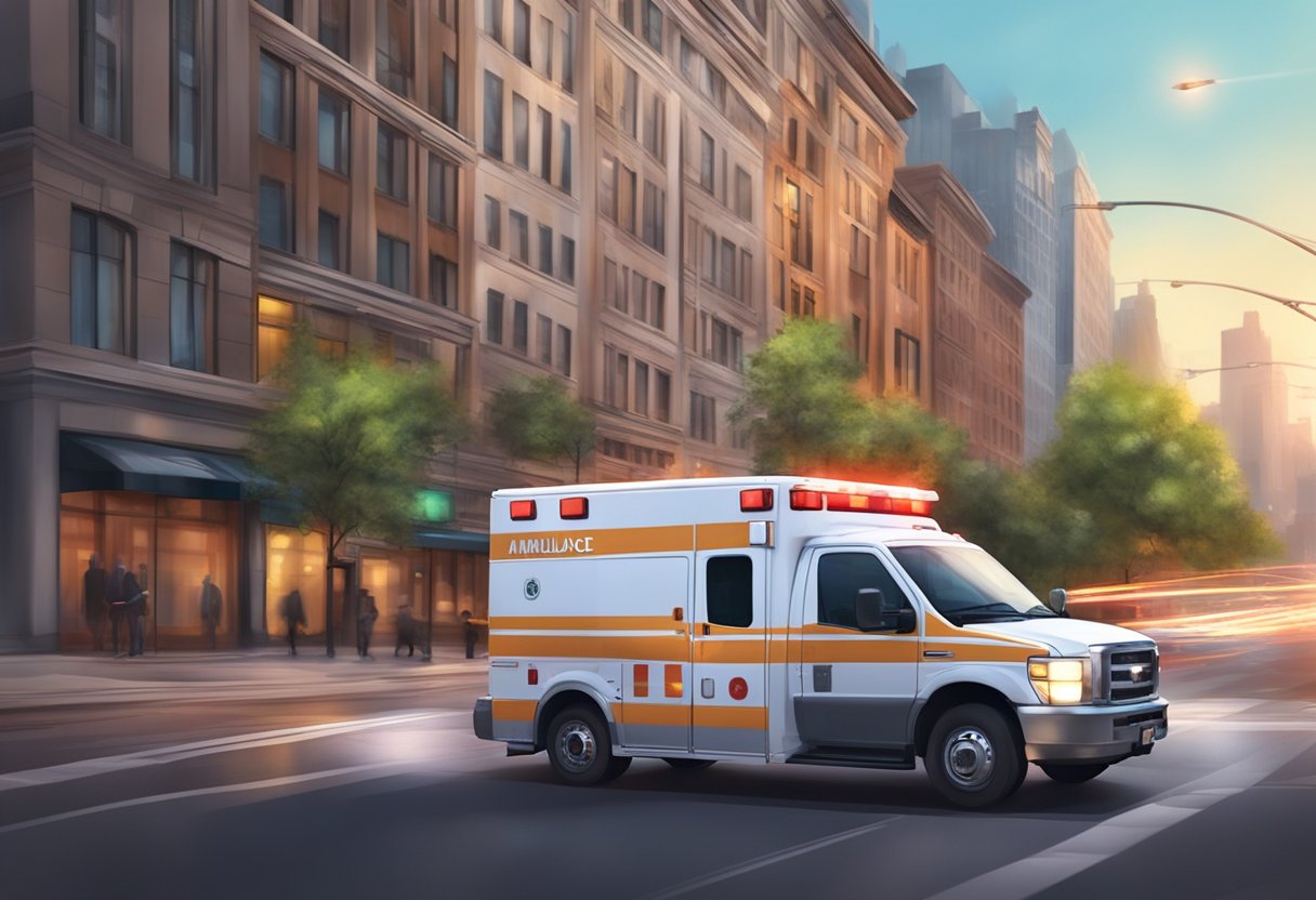 Quanto Custa Chamar uma Ambulância: Entenda os Fatores e Tarifas Envolvidas 3 Uma ambulância acelerando pelas ruas da cidade com luzes piscando e sirenes soando, correndo para o local de uma emergência