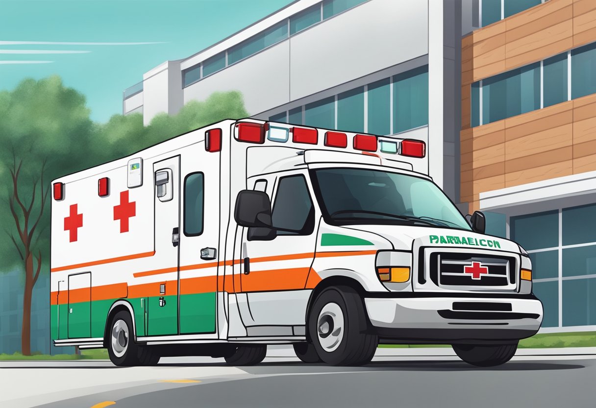 Quanto Custa Chamar uma Ambulância: Entenda os Fatores e Tarifas Envolvidas 4 Uma ambulância estacionada do lado de fora de um hospital com um paramédico carregando equipamentos médicos.