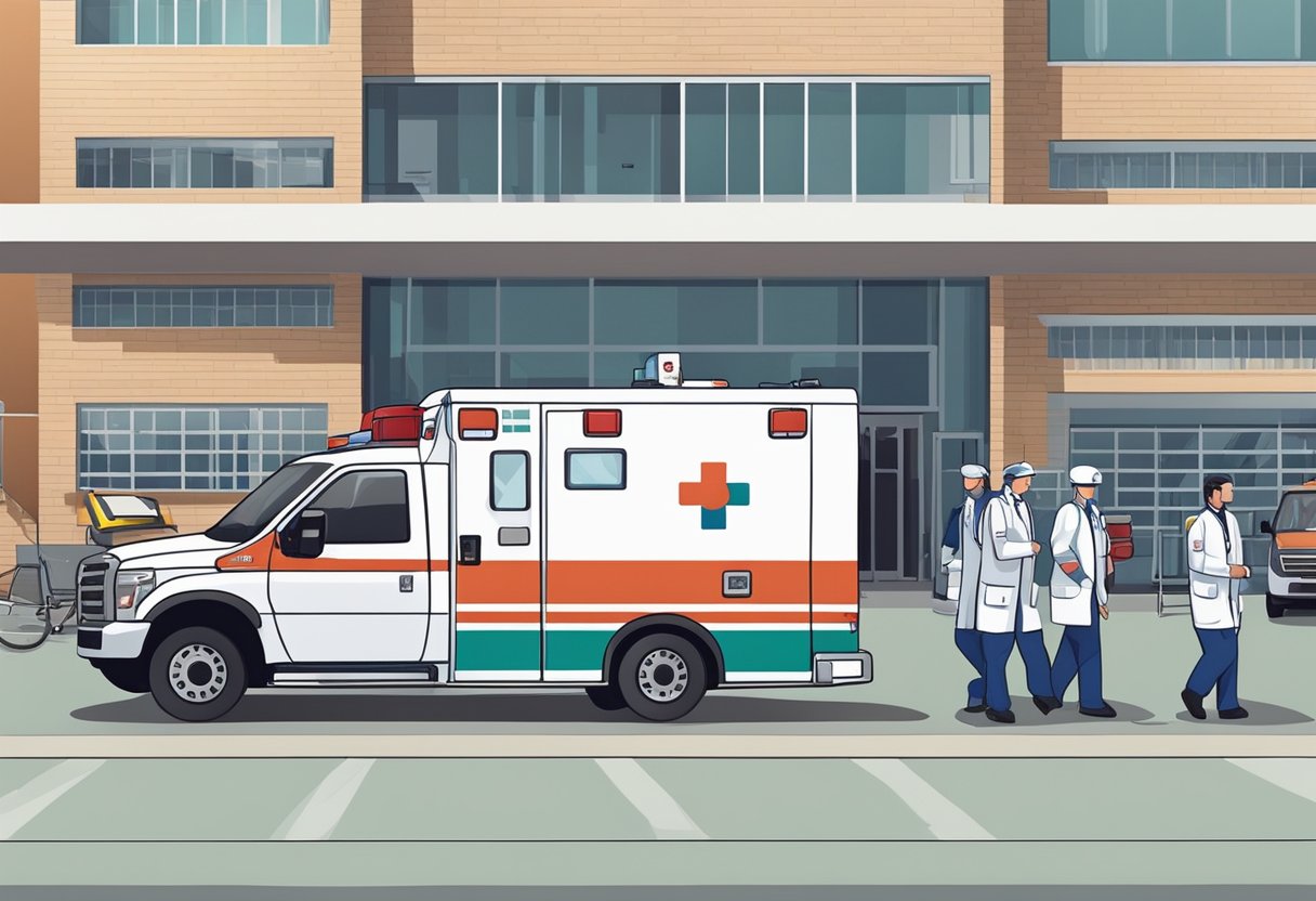 Uma ambulância totalmente equipada estacionada do lado de fora de um hospital, com paramédicos carregando suprimentos médicos.