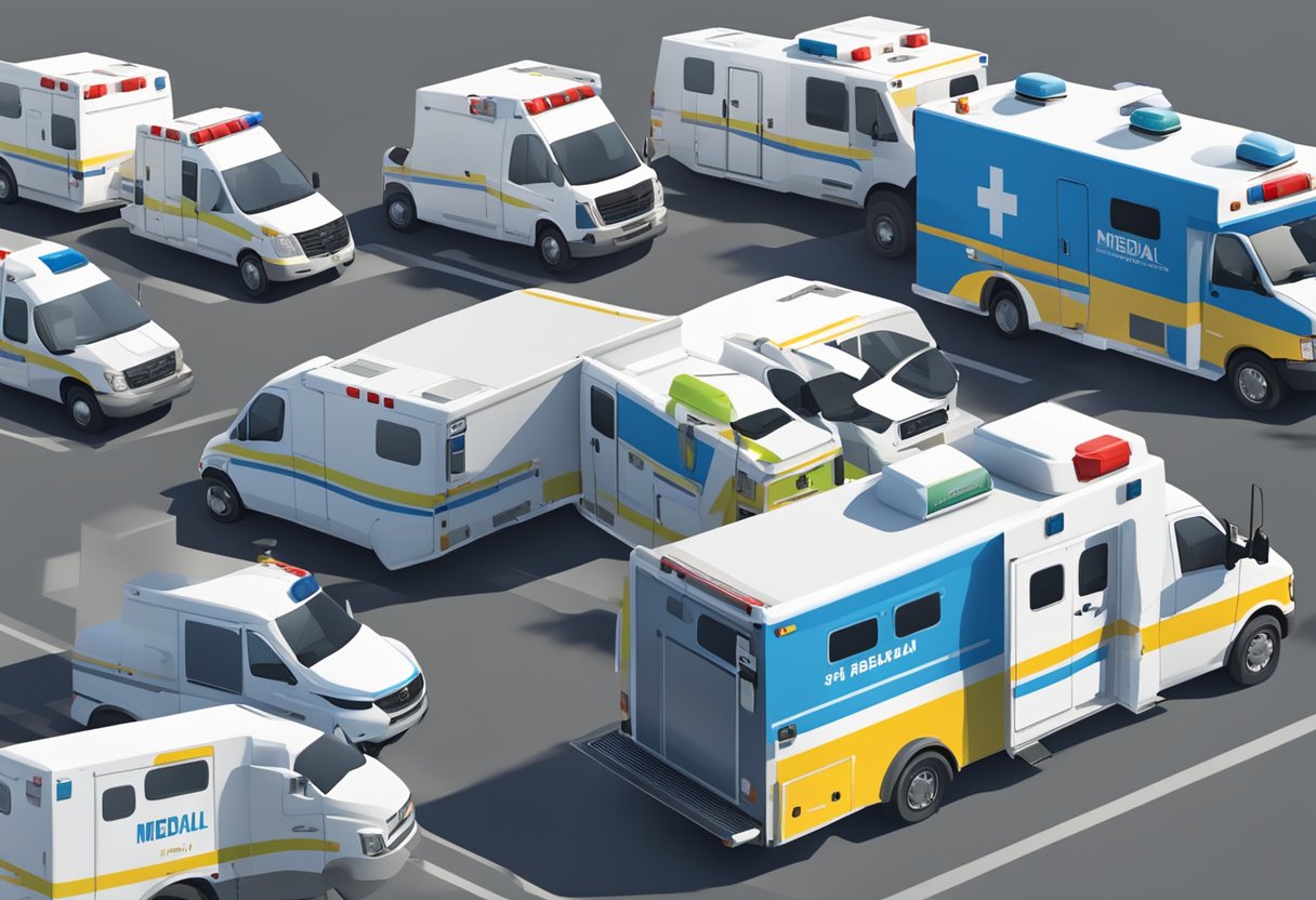 Uma frota de ambulâncias estacionadas do lado de fora de uma unidade médica, com vários tamanhos e designs disponíveis para aluguel.