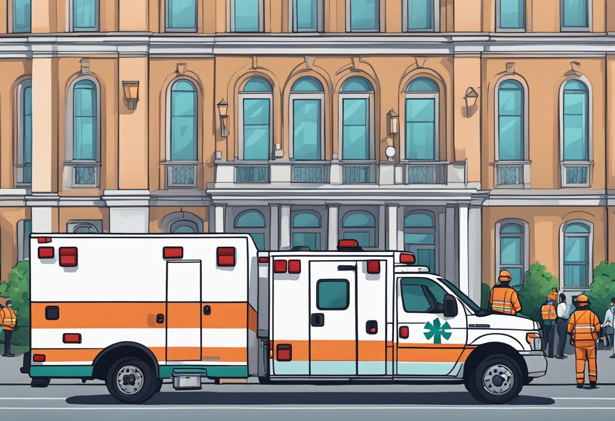 Uma ambulância estacionada do lado de fora de um grande local de eventos, com equipamentos médicos visíveis através das janelas e paramédicos em pé nas proximidades.