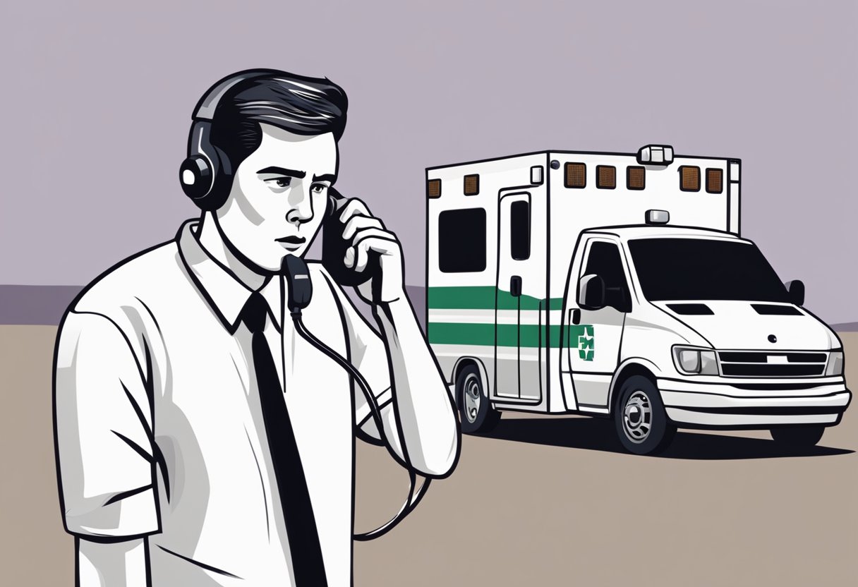 Uma pessoa ligando para uma empresa para perguntar sobre aluguel de ambulância, com um telefone na mão e uma expressão preocupada no rosto.
