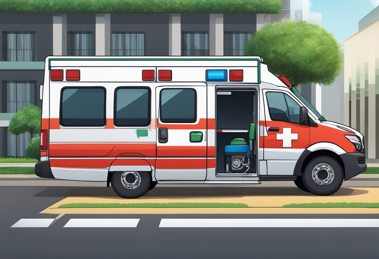 Uma ambulância estacionada em frente a uma unidade médica em São Paulo, Brasil, com o logo da Custos e Convênios exibido no veículo.