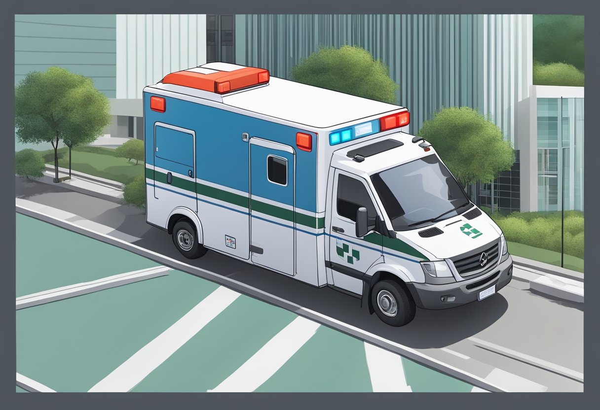 Uma ambulância estacionada em frente a uma unidade médica em São Paulo, com um mapa mostrando sua área de cobertura e locais de atendimento.