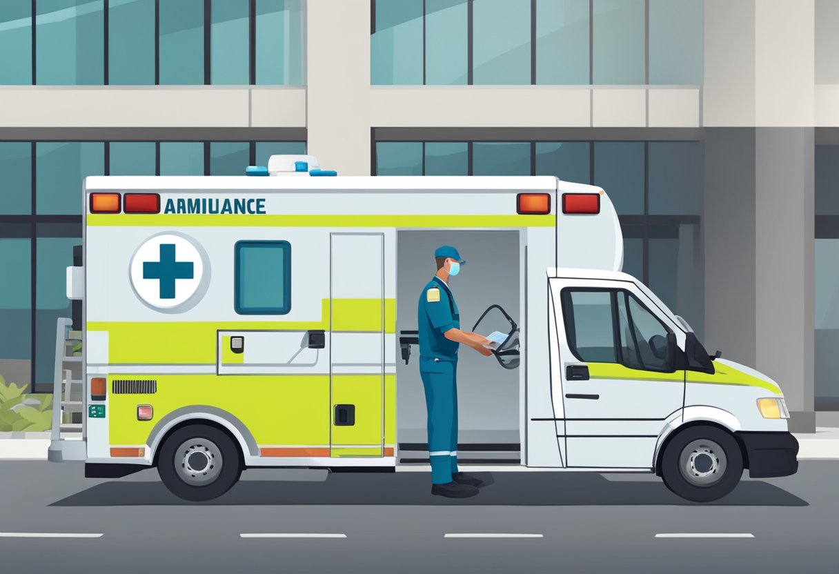 Uma ambulância estacionada do lado de fora de uma unidade médica, com um paramédico verificando o equipamento e garantindo a conformidade com as normas de segurança.