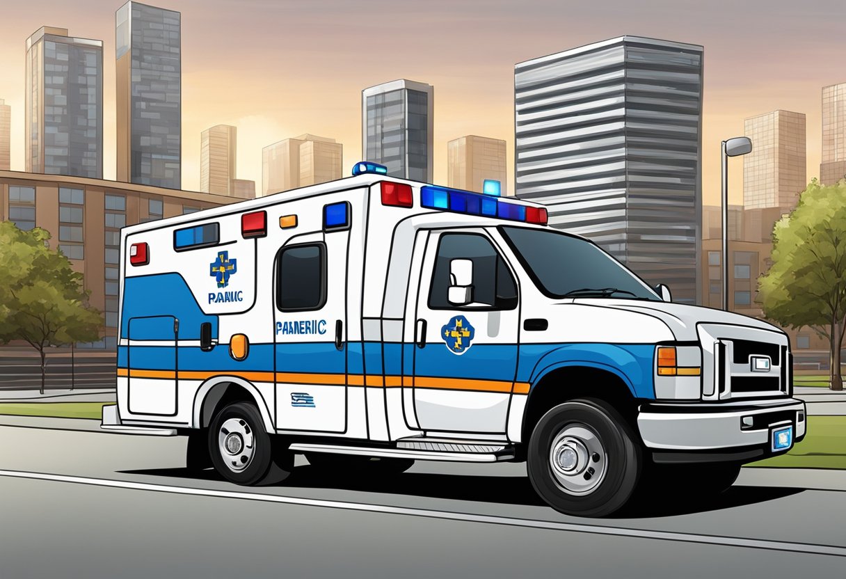 Um veículo de paramédico estacionado em frente a um hospital com o horizonte da cidade ao fundo